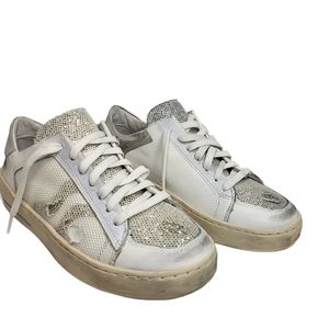 Piranha white distressed leather sneaker silver/ mesh/ glitter details Sz 5